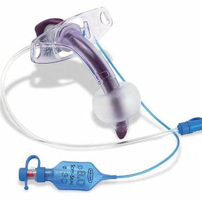 Purple tracheostomy tube with inflatable cuff and blue pilot balloon for airway management