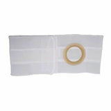 White abdominal ostomy belt support with circular opening for medical supplies