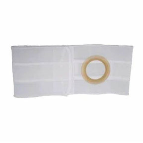 White abdominal ostomy belt support with circular opening for medical supplies