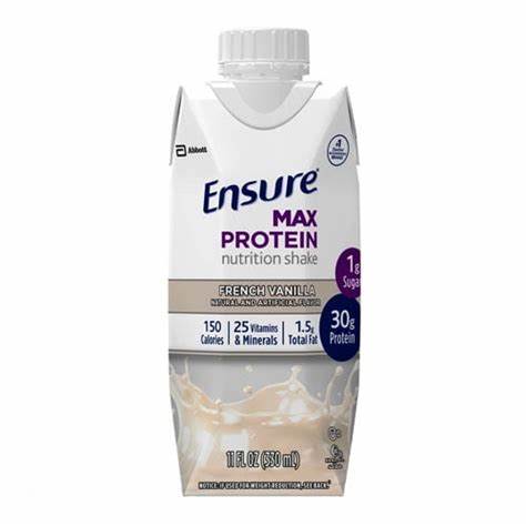 Ensure Max Protein French Vanilla nutrition shake 11 fl oz carton, 30g protein, 1g sugar.