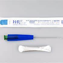 hydrophilic catheter with blue handle, sterile packaging, and medical swab on gray background