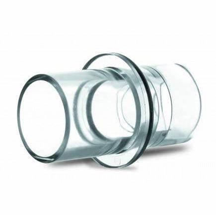 Clear plastic nebulizer mouthpiece adapter for medical breathing equipment on white background