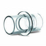 Clear plastic nebulizer mouthpiece adapter for medical breathing equipment on white background