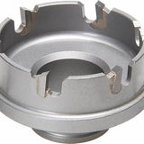Close-up of a metal rotary tool component with notched grooves, on white background