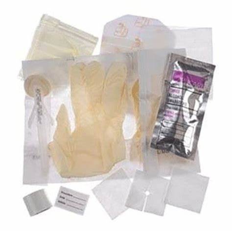 Sterile medical supplies kit with gloves, swab, bandages, alcohol wipe, and packaging