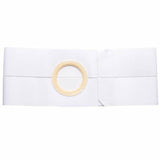 White ostomy belt with circular opening for medical stoma care support