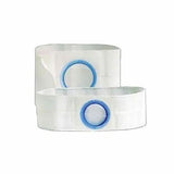 Clear medical adhesive band with blue circular port for medical tubing or device attachment