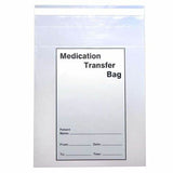 Clear medication transfer bag with labeling area for patient details and secure seal