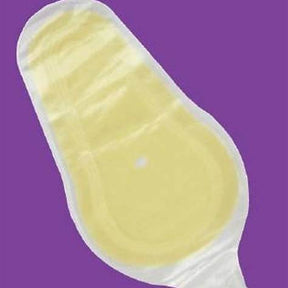 Disposable medical ostomy bag on purple background, essential home healthcare supply