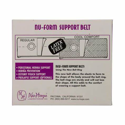Nu-Form support belt box showing regular and cool comfort options, latex free.