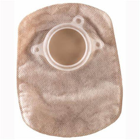 Beige ostomy pouch with plastic flange for medical supply and stoma care.