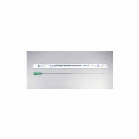 Sterile medical catheter with green connector and labeled packaging on white background