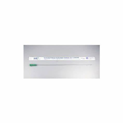 Sterile medical catheter with green connector and labeled packaging on white background