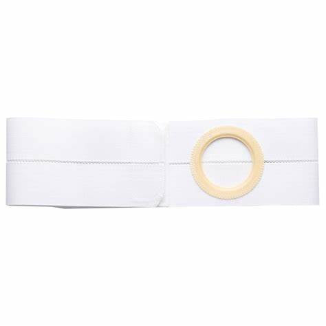 White ostomy support belt with round opening for medical use, flat lay view
