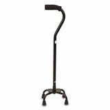 Black adjustable quad cane with ergonomic foam handle and four-point base for mobility support