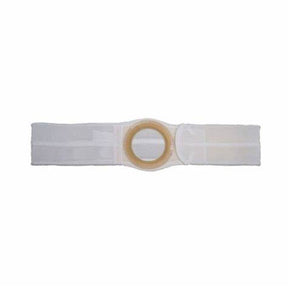 White ostomy belt with adjustable straps and a central circular opening for secure appliance support