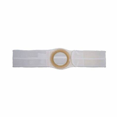 White ostomy belt with adjustable straps and a central circular opening for secure appliance support