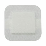 Sterile square adhesive medical bandage with white absorbent pad on white background