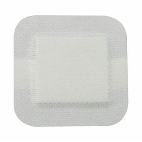Sterile square adhesive medical bandage with white absorbent pad on white background