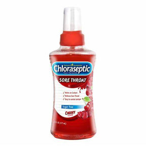 Chloraseptic sore throat spray, cherry flavor, sugar free, 6 fl oz bottle.