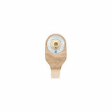 One-piece beige ostomy pouch with circular adhesive barrier on white background.