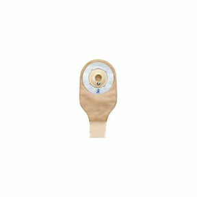 One-piece beige ostomy pouch with circular adhesive barrier on white background.
