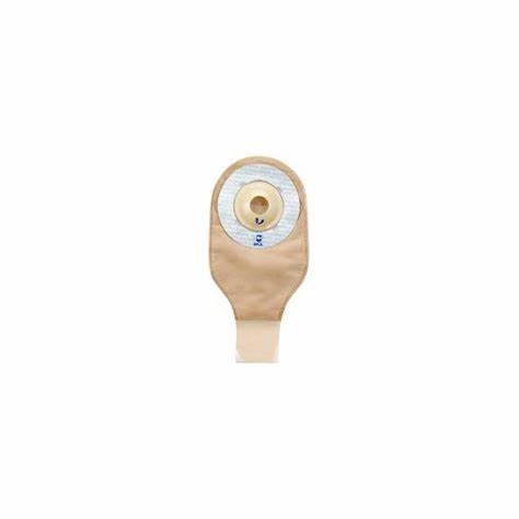 One-piece beige ostomy pouch with circular adhesive barrier on white background.