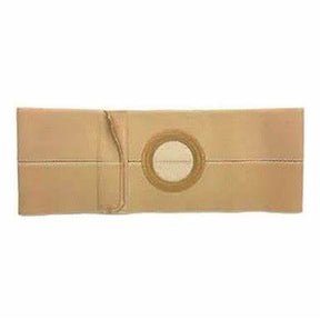 Tan abdominal ostomy belt with round stoma opening, medical support accessory