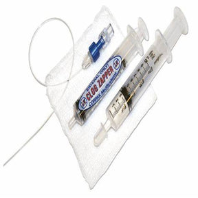Medical supplies kit with syringes, Clog Zapper vial, gauze pad, and extension tubing