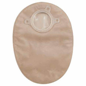 Beige ostomy pouch with circular flange for stoma, medical supply product on white background.