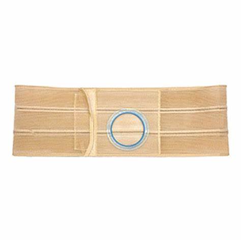 Beige abdominal support belt with circular stoma opening for ostomy care