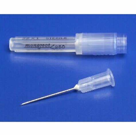 Sterile hypodermic needle with clear plastic cap on blue background, medical supply