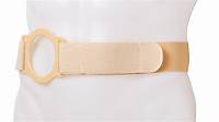 Medical ostomy belt with adjustable beige strap and stoma support ring on mannequin torso