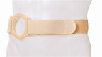 Medical ostomy belt with adjustable beige strap and stoma support ring on mannequin torso