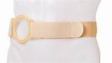 Medical ostomy belt with adjustable beige strap and stoma support ring on mannequin torso