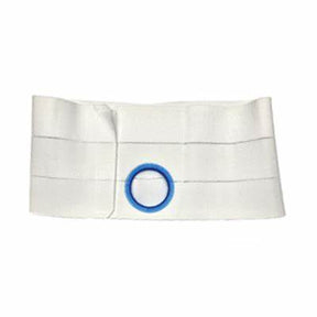 White medical abdominal support belt with blue circular opening for ostomy care