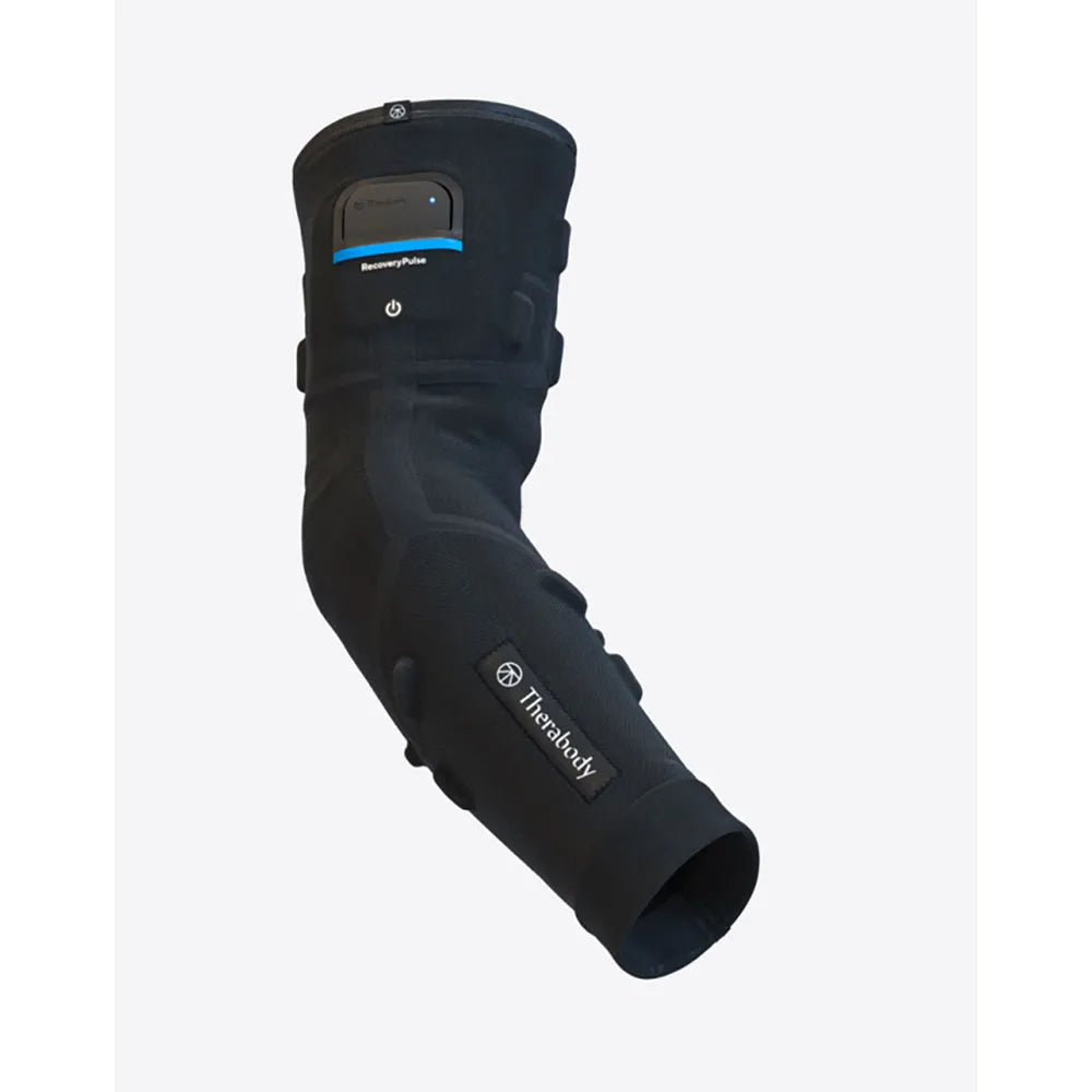 Black arm compression massager sleeve with control panel for muscle recovery