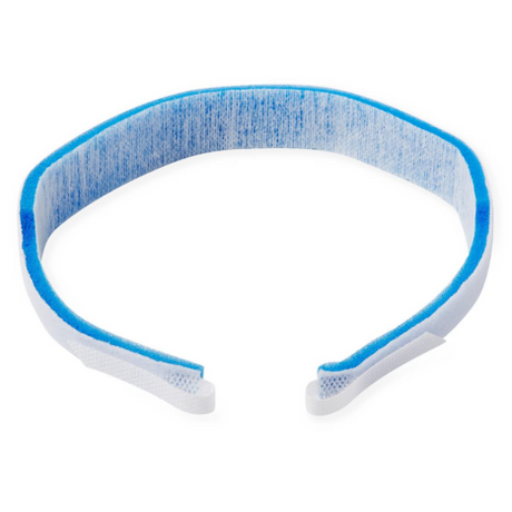 Adjustable tracheostomy tube holder with blue soft foam padding for secure airway support