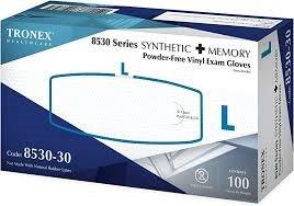 Box of Tronex synthetic memory powder-free vinyl exam gloves, size large, 100 count