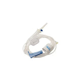 Clear medical infusion set with tube, drip chamber, and blue roller clamp on white background