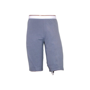 Grey adaptive medical shorts with white waistband and drainage port for urostomy users
