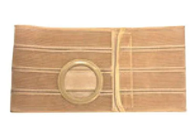 Beige medical abdominal support belt with circular stoma opening, laid flat on white background