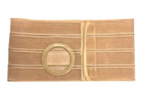 Beige abdominal ostomy support belt with round stoma opening, medical supply product