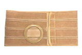 Beige medical abdominal support belt with circular opening for ostomy care
