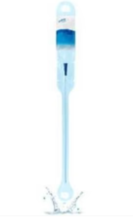 Long-handled blue bath brush with splashing water, ergonomic medical hygiene aid