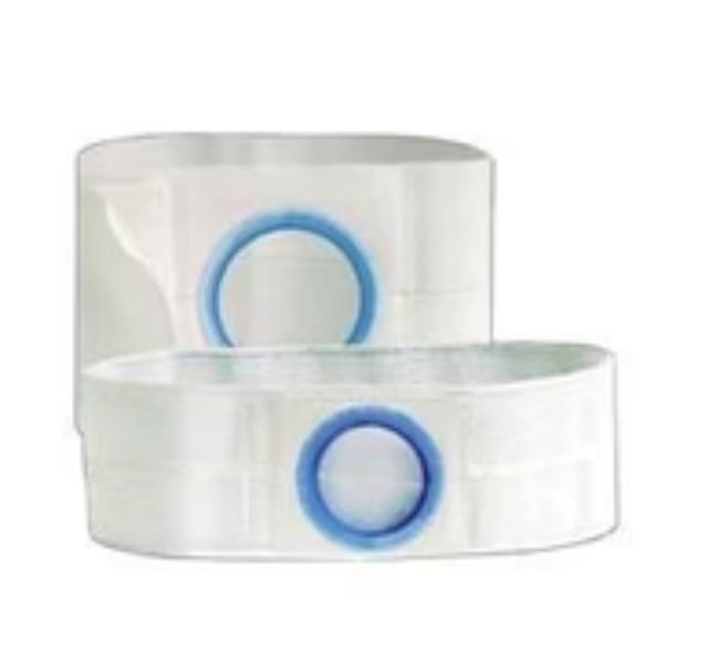 Two white medical ostomy belts with blue circular openings for home healthcare supplies