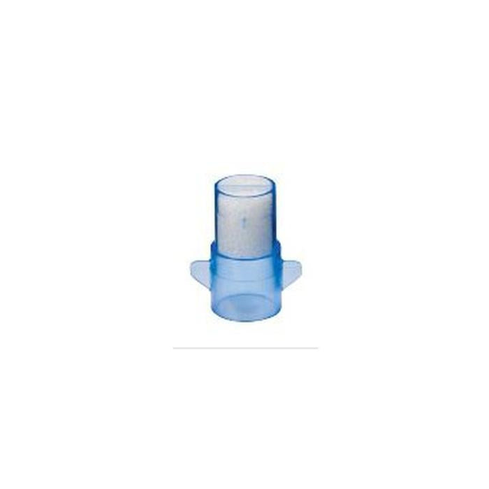 Blue heat moisture exchanger medical filter with transparent casing on white background