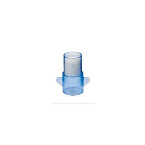 Blue heat moisture exchanger medical filter with transparent casing on white background