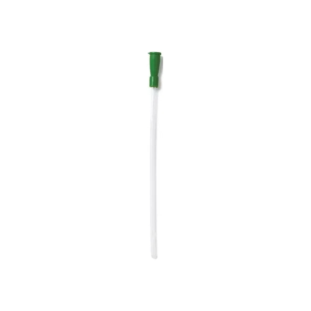 Sterile medical catheter with green funnel on white background