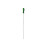 Sterile medical catheter with green funnel on white background